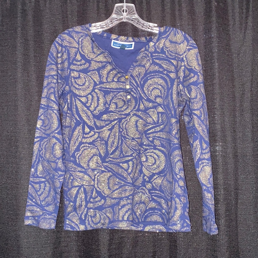 Navy Top with Metallic Gold Feather Pattern